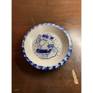 ELDRETH POTTERY 1993 COBALT BLUE SALT GLAZE STONEWARE PIE Santa Signed 8"
